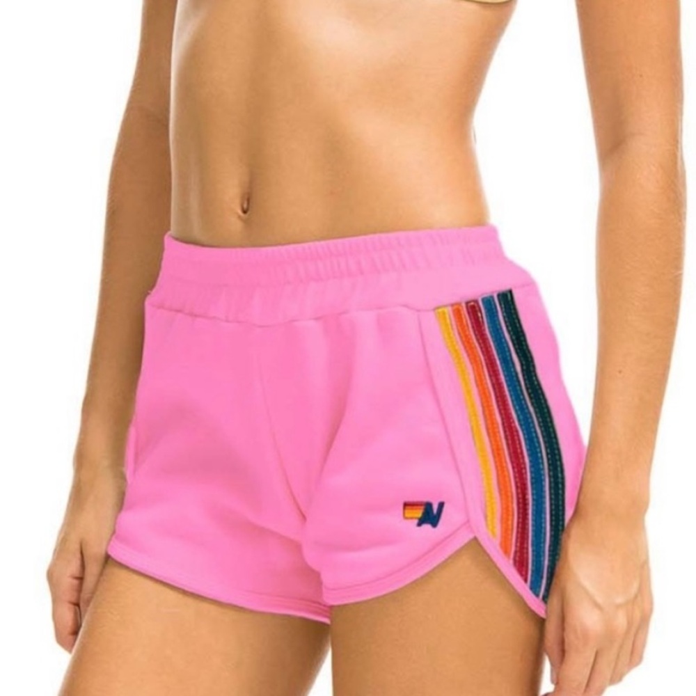 Aviator Nation Pink Shorts with Rainbow Stripes